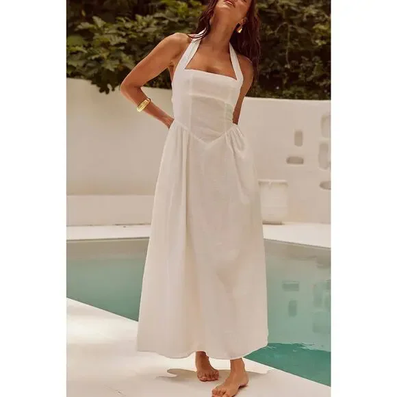 Supreme Fashion Maxi Dress Womens XL White Halter Sleeveless Summer Chic NWT - Picture 8 of 9